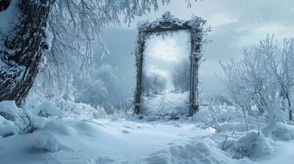 An ornate, antique mirror stands in a magical, snow-covered winter forest, reflecting a path through the frosty trees under a pale sky.