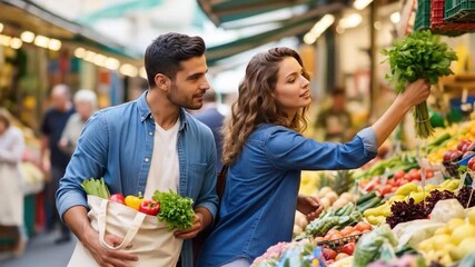 A smiling man and woman shopping for fresh produce at an outdoor market, with vibrant fruits and vegetables on display. Perfect for advertising, marketing materials, and editorial content.