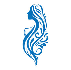 Blue silhouette of woman with long flowing hair in floral design on white background