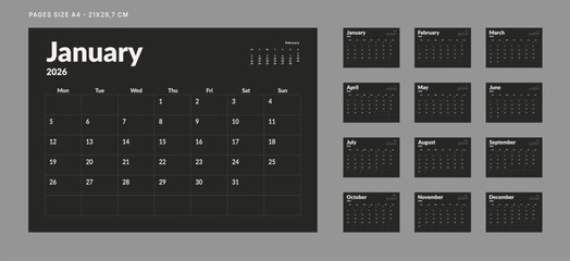 Set of 12 Pages Monthly Calendar Planner Templates on 2026 year. Vector mockup of a wall or desktop calendar organizer grid with the week starting on Monday ready print. Page for size A4 -21x29.7 cm