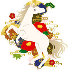 立ち上がる白馬と和風の飾りイラスト