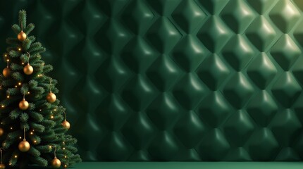 Emerald Green Christmas Interior Background with Golden Ornaments and 3D Geometric Wall for Holiday Branding_1