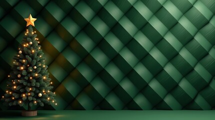 Emerald Green Christmas Interior Background with Golden Ornaments and 3D Geometric Wall for Holiday Branding_2