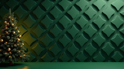 Emerald Green Christmas Interior Background with Golden Ornaments and 3D Geometric Wall for Holiday Branding_3