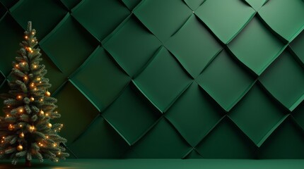 Emerald Green Christmas Interior Background with Golden Ornaments and 3D Geometric Wall for Holiday Branding_4