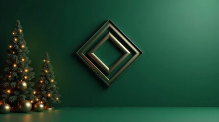 Luxury Emerald Green Christmas Background with Gold Diamond Frame and Decorated Trees for Festive Holiday Banner_1