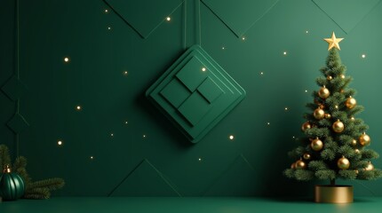 Luxury Emerald Green Christmas Background with Gold Diamond Frame and Decorated Trees for Festive Holiday Banner_2