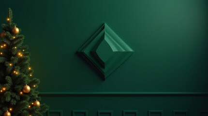 Luxury Emerald Green Christmas Interior with Gold Diamond Frame and Fir Trees Minimalist New Year Background_1