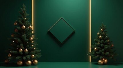 Luxury Emerald Green Christmas Interior with Gold Diamond Frame and Fir Trees Minimalist New Year Background_3