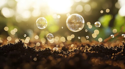 Bubbles rising from rich dark soil with sunlight and green bokeh background.
