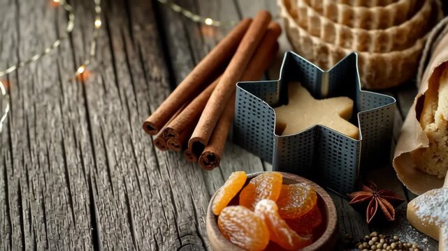 Cozy Eco-friendly hand made baking concept. Star cookies and a metal cutter rest beside paper-wrapped treats and holiday spices. Powdered sugar dusts the pastry on a dark wooden table.