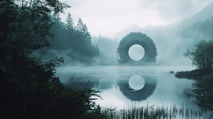 A mysterious circular structure emerges from a misty lake surrounded by dark, ethereal forests and mountains.
