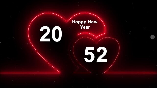Romantic style new year 2052 text animation with glowing neon hearts. Abstract glowing neon valentines Two love heart symbol animation with happy new year celebration concept.