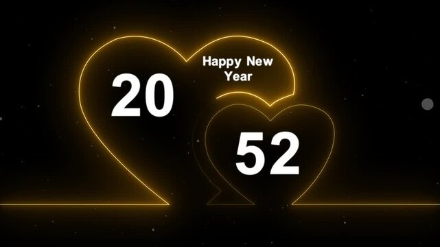 Romantic style new year 2052 text animation with glowing neon hearts. Abstract glowing neon valentines Two love heart symbol animation with happy new year celebration concept.