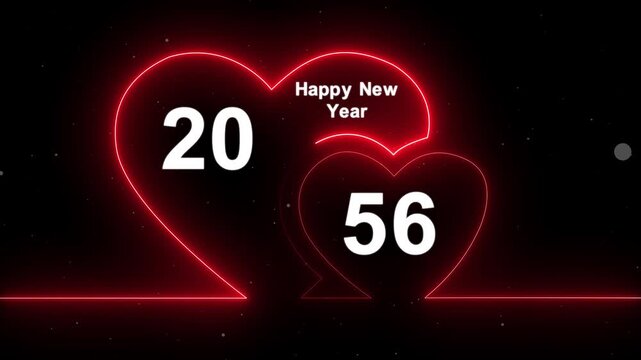 Romantic style new year 2056 text animation with glowing neon hearts. Abstract glowing neon valentines Two love heart symbol animation with happy new year celebration concept.