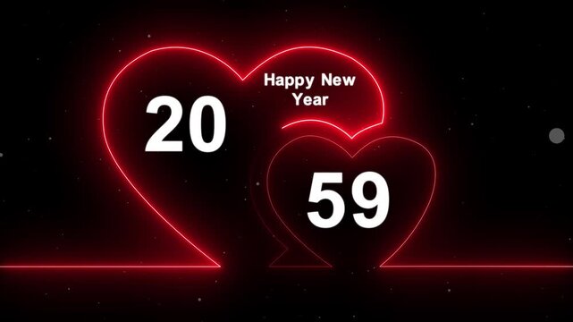 Romantic style new year 2059 text animation with glowing neon hearts. Abstract glowing neon valentines Two love heart symbol animation with happy new year celebration concept.