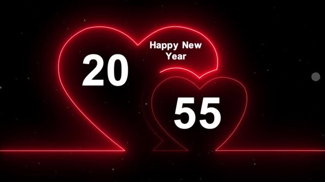 Romantic style new year 2055 text animation with glowing neon hearts. Abstract glowing neon valentines Two love heart symbol animation with happy new year celebration concept.
