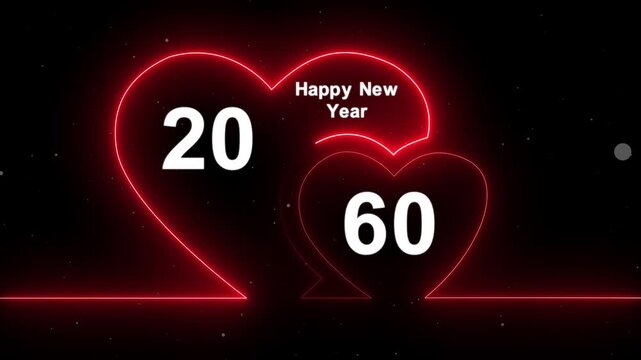 Romantic style new year 2060 text animation with glowing neon hearts. Abstract glowing neon valentines Two love heart symbol animation with happy new year celebration concept.