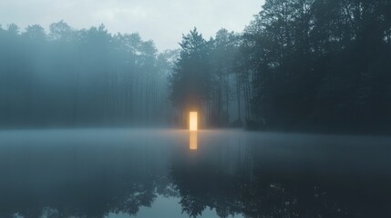 A glowing golden portal emerges from a misty lake surrounded by dark, mysterious forest trees, reflecting light on the water's surface.