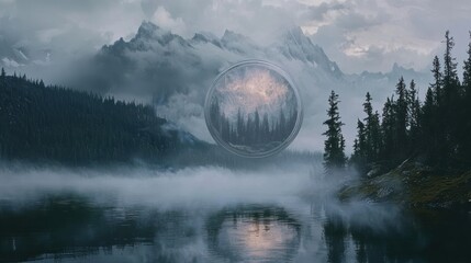 A mysterious reflective orb floats above a serene lake surrounded by foggy pine forests and distant mountains.