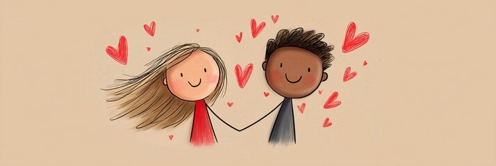 Happy cartoon couple showing love and affection. Smiling cartoon boy and girl with red hearts floating above them, depicting true love