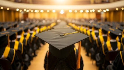 A blurred view of a graduation ceremony with rows of students and a cap in focus
