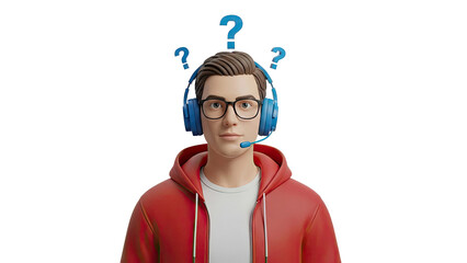 3D Animated Man with Headphones and Question Marks