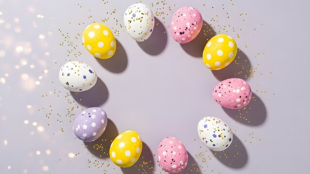 A colorful arrangement of speckled and dotted easter eggs forms a decorative circle on a light purple background - Powered by Adobe