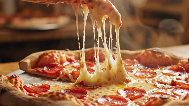 Pepperoni pizza slice lifting with melting cheese pull photographic sequence