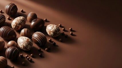 A delightful arrangement of various chocolate eggs and small spheres on a rich brown surface