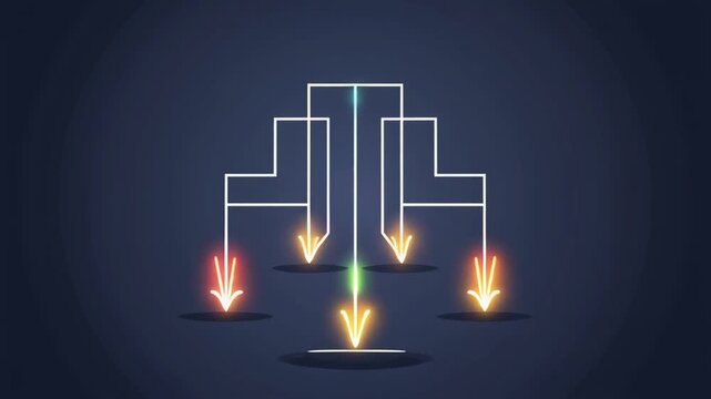 Abstract visualization of a complex decision-making process, illustrating diverging pathways and outcomes, highlighting the selection of a successful green path amidst multiple red failures