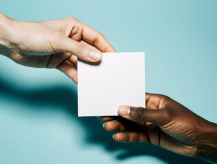 Two hands holding a blank business card mockup for branding identity,