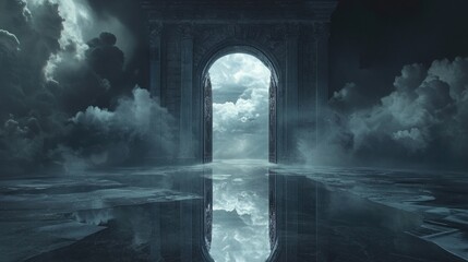 A mystical archway opens to a cloudy sky, reflected in a serene, watery surface, creating an ethereal and dreamlike landscape.