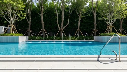 A serene outdoor swimming pool surrounded by lush greenery and trees on a sunny day