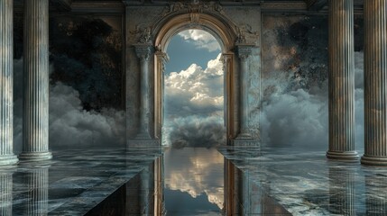 Grand classical archway and columns reflecting a dramatic cloudy sky on a polished, watery floor, creating a surreal and ethereal architectural landscape.