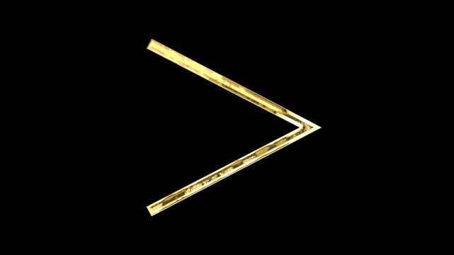Gold greater-than sign, light reflecting and patterns shifting, alpha channel