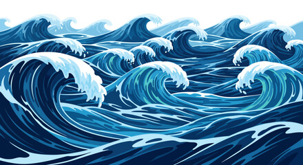 Stylized vector illustration of a vast, undulating sea with rolling waves and whitecaps, creating a dynamic and visually appealing marine background design, perfect for various applications.