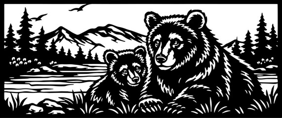 Obraz premium Bear Family Nature Scene Decorative Panel Vector, for Laser Cut