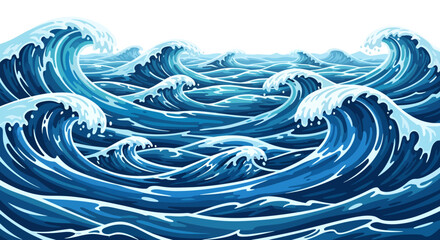 A dynamic vector illustration showcases a vibrant blue sea with stylized waves, perfect for backgrounds and designs needing a nautical or oceanic theme, conveying energy.