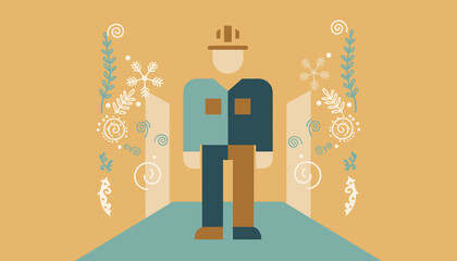 Industrial worker in hard hat flat geometric design Construction repair or maintenance concept