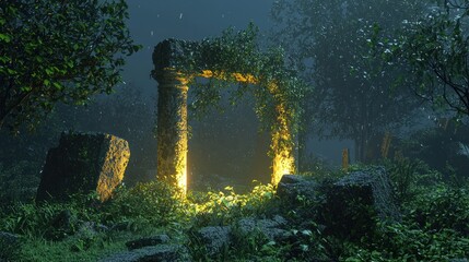 Ancient stone archway glowing mysteriously in a lush, overgrown forest with rain falling.