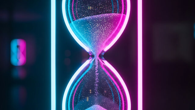 Neon hourglass with pink and blue lights in dark room - Powered by Adobe