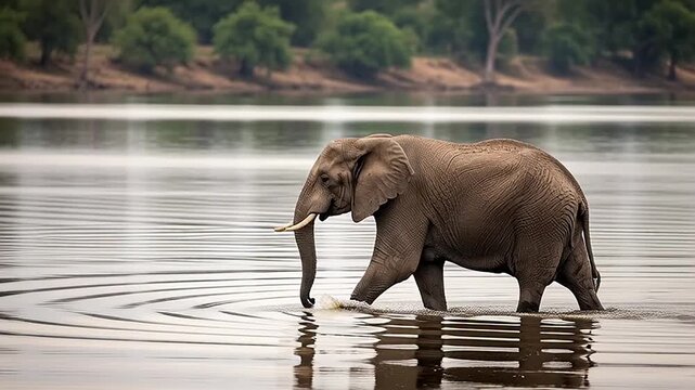 Majestic African elephant gracefully wades through tranquil river, its powerful presence creating ripples on the water's surface amidst a serene natural landscape