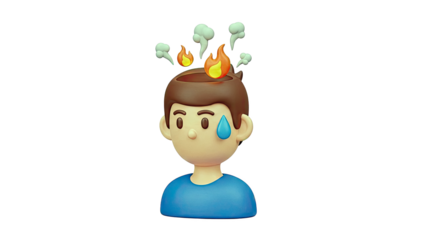 3D illustration of a person with head on fire and sweating
