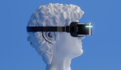 David sculpture wearing VR glasses - side view - 3D illustration