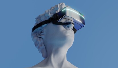 David sculpture wearing VR glasses - 3D illustration