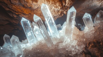 Stunning close-up of large, translucent quartz crystals growing naturally within a dark cave environment.