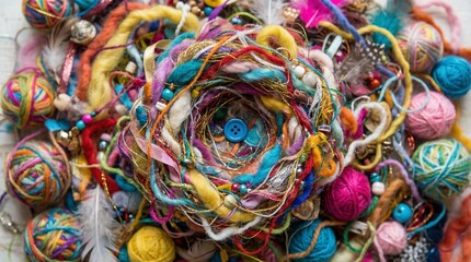 Colorful yarn and thread arranged in a circular pattern on surface
