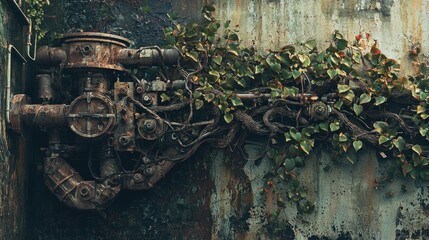 Rusty industrial pipes and machinery overgrown with green vines on a weathered wall.