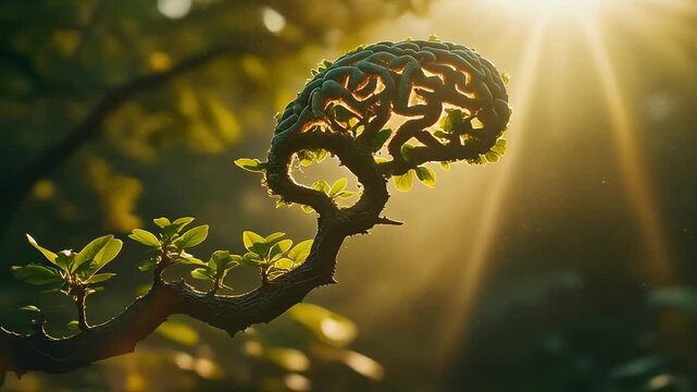 A creative plant shaped like a human brain growing on a branch in a sunlit natural environment.